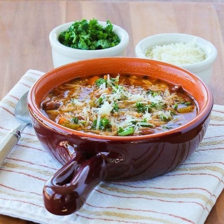 13 Crock-Pot Recipes - Slow Cooker Vegetarian Pasta e Fagioli Soup Recipe with Whole Wheat Orzo.