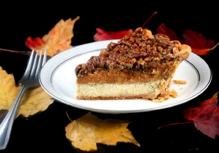 27 Pumpkin Pie Recipes - Three Pies in One – Cheesecake Pumpkin Pecan Pie.