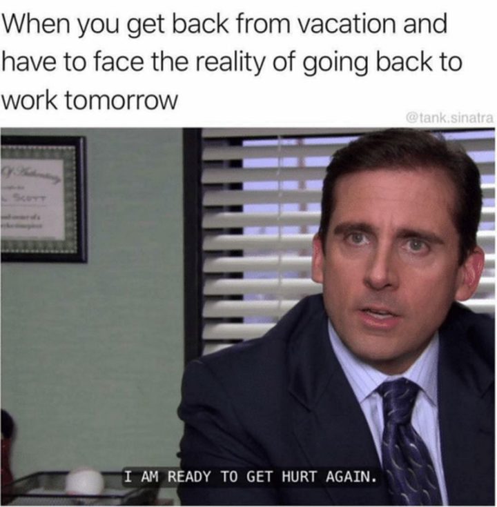 21 Back to Work Memes - "When you get back from vacation and have to face the reality of going back to work tomorrow. I am ready to get hurt again."