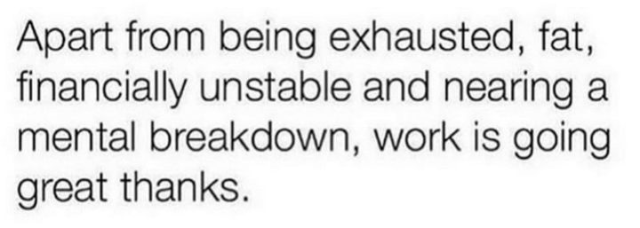 37 Best Exhausted Memes - "Apart from being exhausted, fat, financially unstable and nearing a mental breakdown, work is going great thanks."
