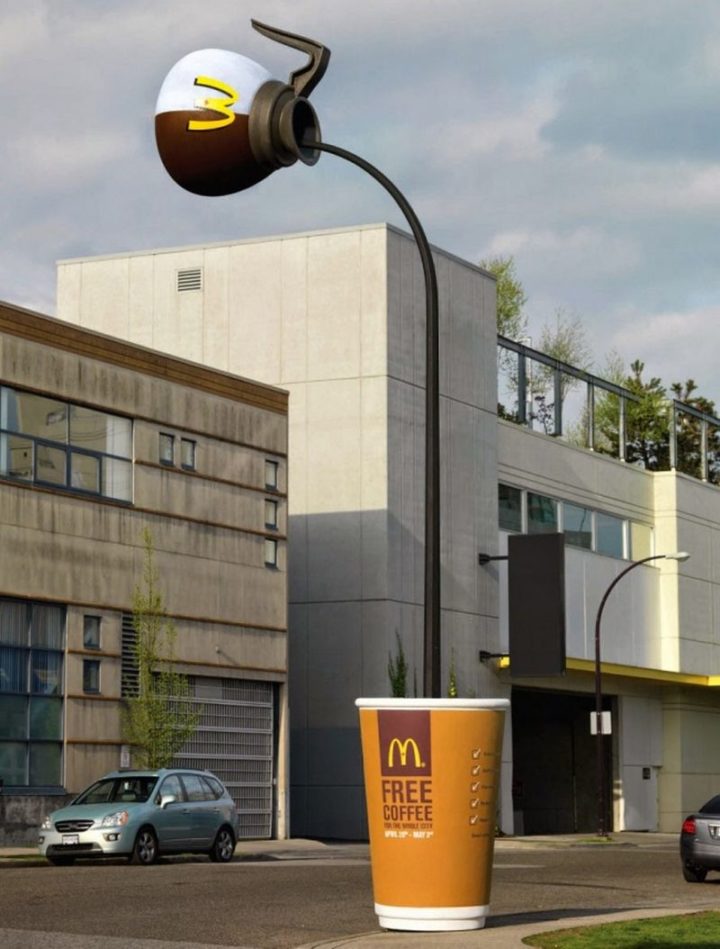 27 Awesome Billboards - For their coffee campaign, McDonald's offered free coffee to its customers and lit up the streets with these custom street lights.
