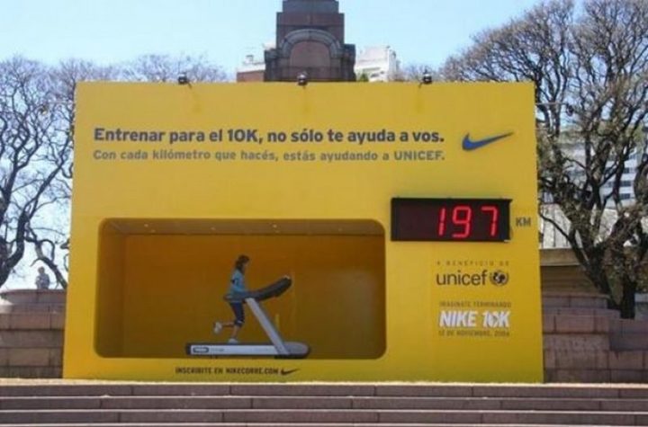 27 Awesome Billboards - Nike's innovative billboard contains a treadmill that lets anyone walk and contribute to UNICEF. For each kilometer, Nike donates money to the charity.