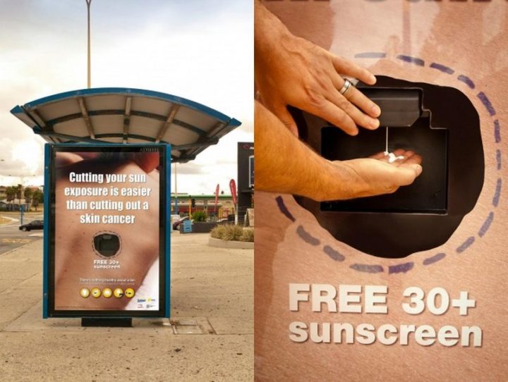 27 Awesome Billboards - Cooch Creative's billboard provides free sunscreen to raise awareness about the effects of sun exposure and skin cancer.