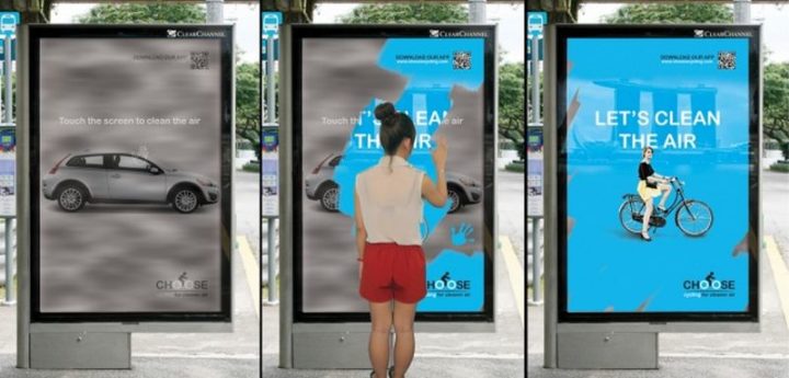 27 Awesome Billboards - This interactive poster lets users clean the air with their hands and reveals how using bicycles instead of automobiles would help.