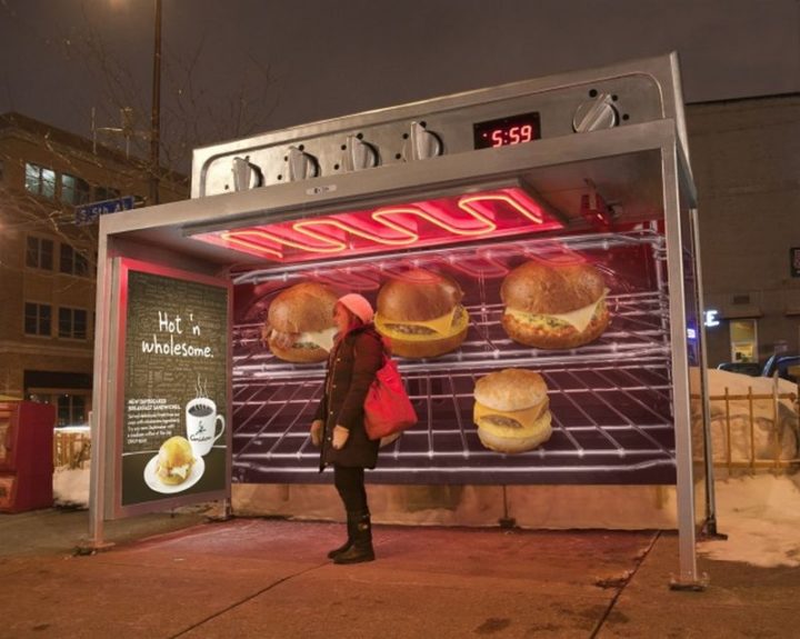 27 Awesome Billboards - To launch their new "Hot 'n Wholesome" menu in grand fashion, Caribou Coffee modified some bus stops to look like a warm oven.