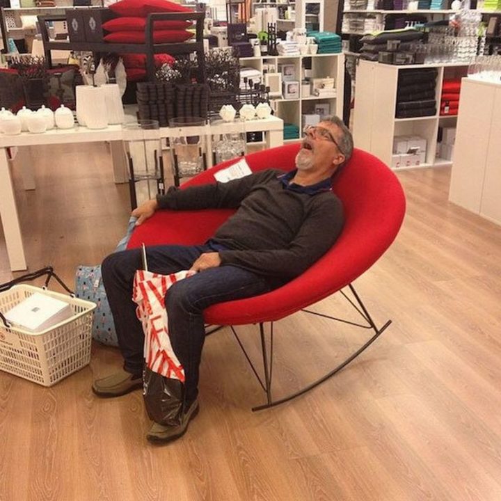 Miserable Men - Napping while holding on to shopping bags takes years of practice.