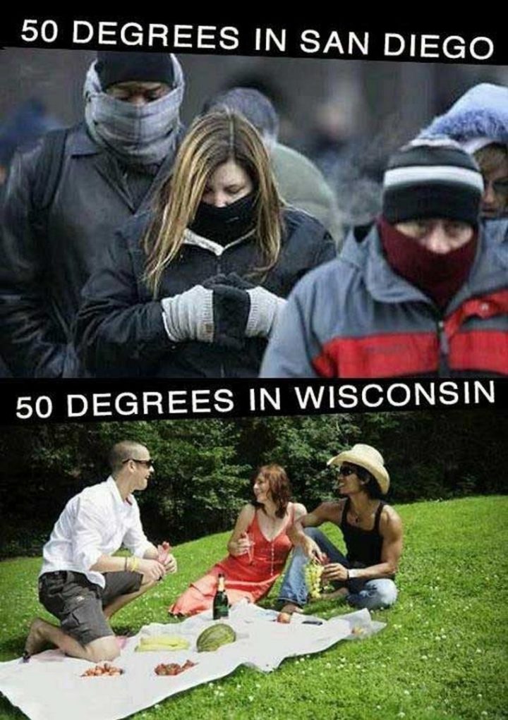 "50 degrees in San Diego. 50 degrees in Wisconsin."