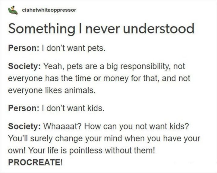 "Something I never understood. Person: I don't want pets. Society: Yeah, pets are a big responsibility, not everyone has the time or money for that, and not everyone likes animals. Person: I don't want kids. Society: Whaaaat? How can you not want kids? You'll surely change your mind when you have your own! Your life is pointless without them! Procreate!"