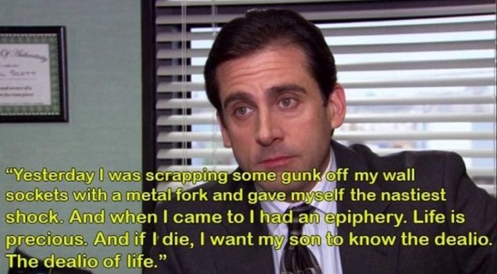 30 Michael Scott quotes - "Yesterday I was scrapping some gunk off my wall sockets with a metal fork and gave myself the nastiest shock. And when I came to I had an epiphery. Life is precious. And if I die, I want my son to know the dealio. The dealio of life."