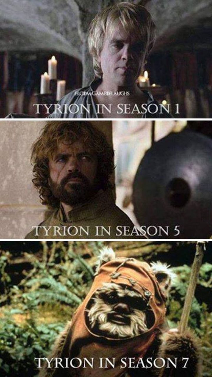 "Tyrion in season 1. Tyrion in season 5. Tyrion in season 7."