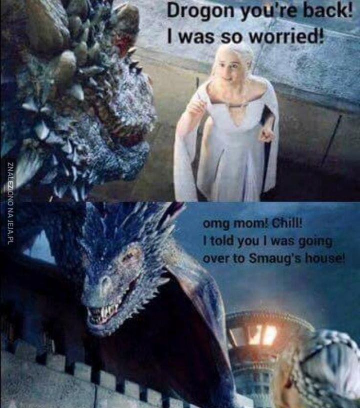 "Drogon, you're back! I was so worried! OMG mom! Chill! I told you I was going over to Smaug's house!"