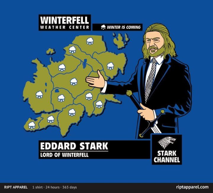 "Winterfell Weather Center. Winter is coming. Eddard Stark. Lord of Winterfell."