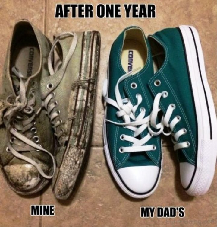 "My Converse sneakers vs my dad's after one year."