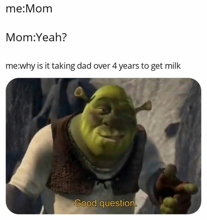 "Me: Mom? Mom: Yeah? Me: Why is it taking dad over 4 years to get milk?"