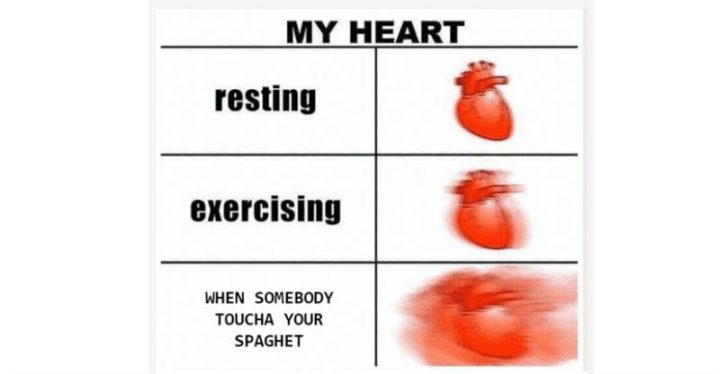 "My heart. Resting. Exercising. When somebody toucha your spaghet."