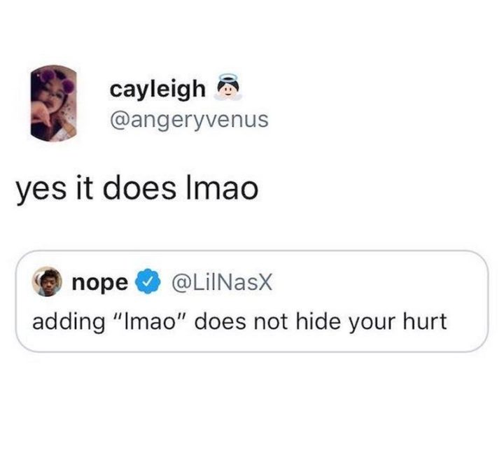 "Adding 'lmao' does not hide your hurt. Yes it does lmao."