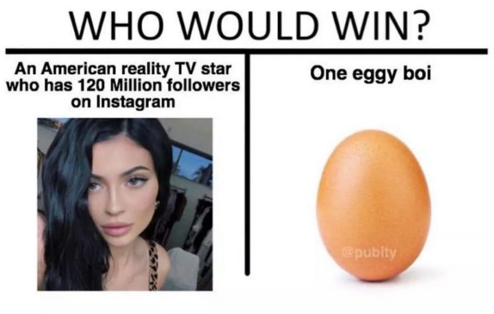 "Who would win? An American reality TV star who has 120 million followers on Instagram. One eggy boi."