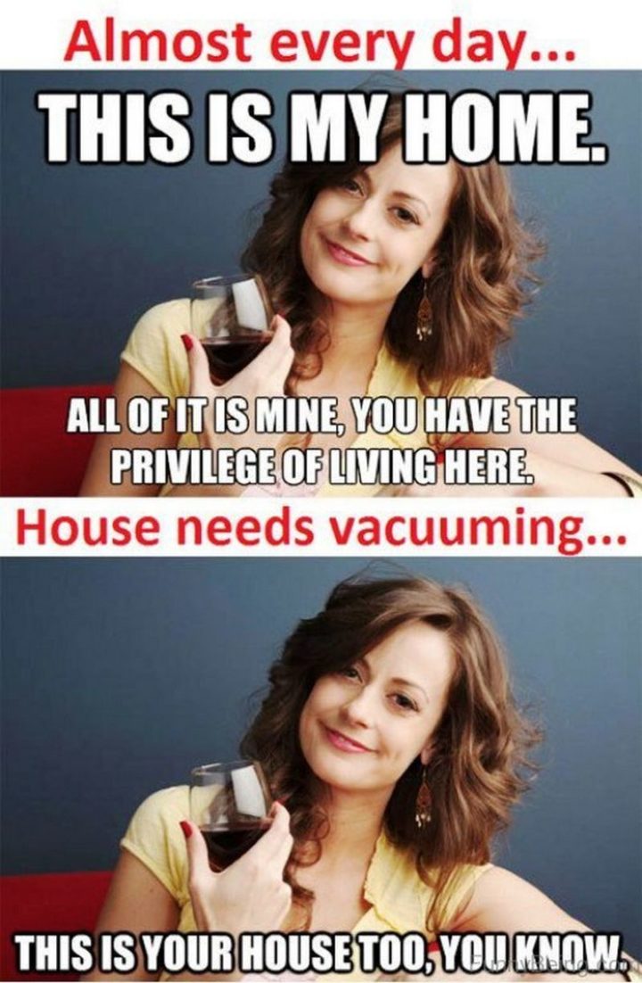 101 Funny Mom Memes - "Almost every day...This is my home. All of it is mine, you have the privilege of living here. House needs vacuuming...This is your house too, you know."