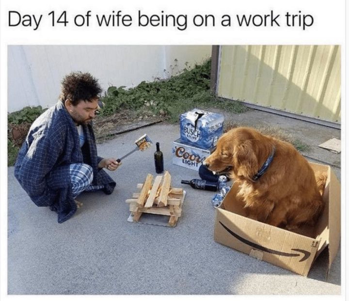 "Day 14 of wife being on a work trip."