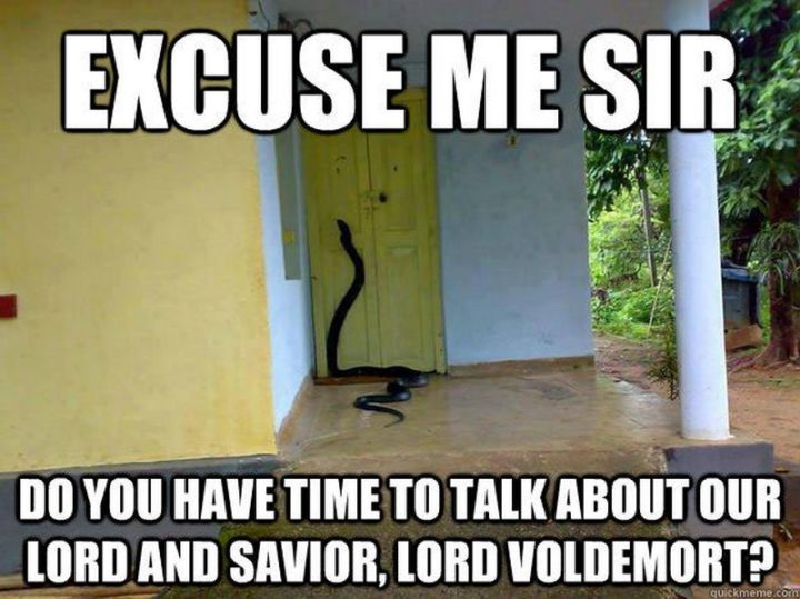 "Excuse me, sir. Do you have time to talk about our lord and savior, Lord Voldemort?"