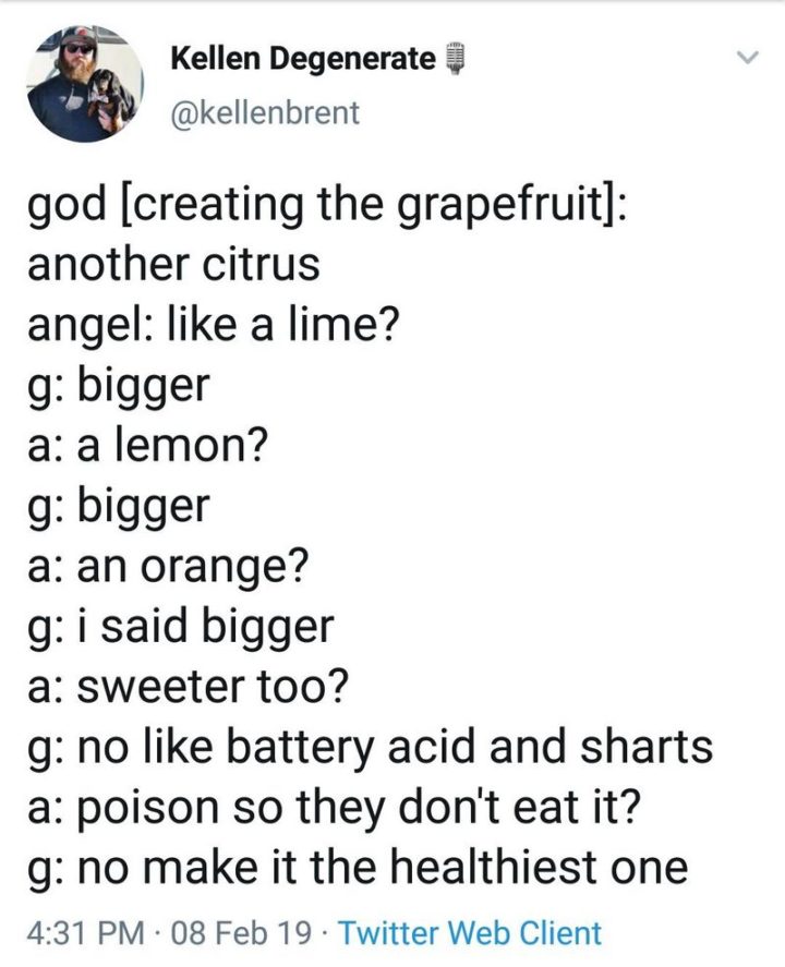 "God [creating the grapefruit]: Another citrus. Angel: Like a lime? God: Bigger. Angel: A lemon? God: Bigger. Angel: An orange? God: I said bigger. Angel: Sweeter too? God: No, like battery acid and sharts. Angel: Poison so they don't eat it? God: No, make it the healthiest one."