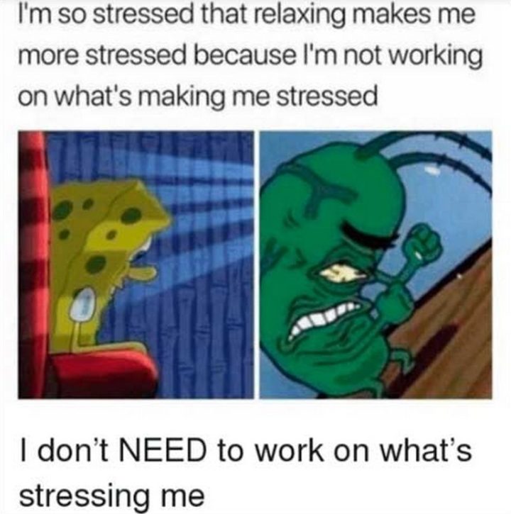 "I'm so stressed that relaxing makes me more stressed because I'm not working on what's making me stressed."