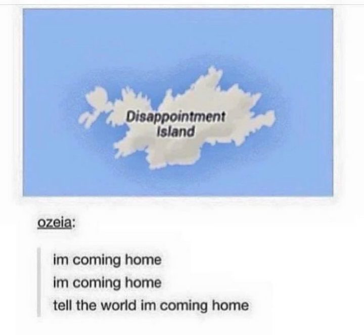 "Disappointment Island: I'm coming home, I'm coming home, tell the world, I'm coming home."