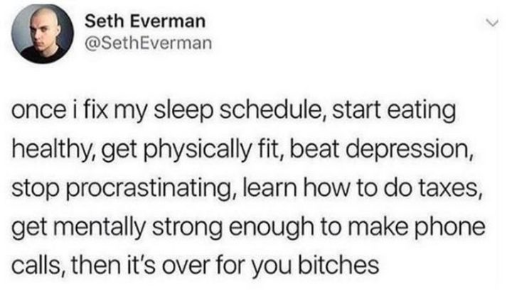 "Once I fix my sleep schedule, start eating healthy, get physically fit, beat depression, stop procrastinating, learn how to do taxes, get mentally strong enough to make phone calls, then it's over for you bitches."
