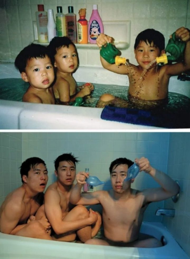 35 Then and now pictures - "Then and now pictures of 3 brothers in a bathtub. 20 years apart."