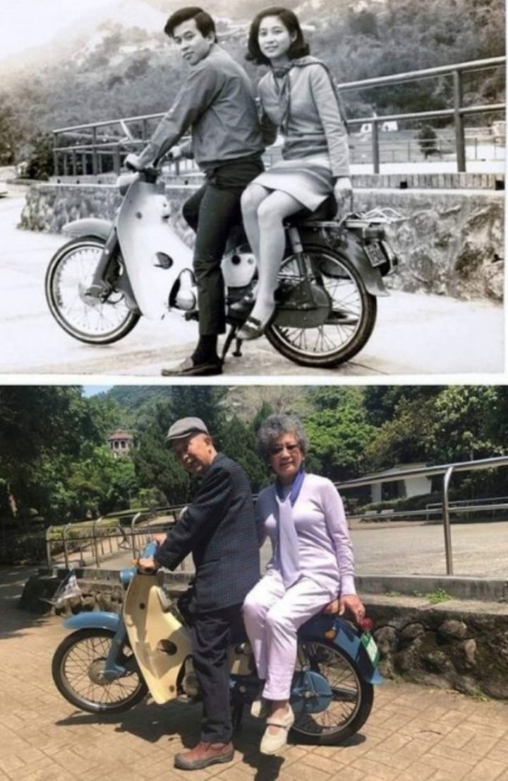 35 Then and now pictures - "1967-2018 Same bike, same couple, same spot."