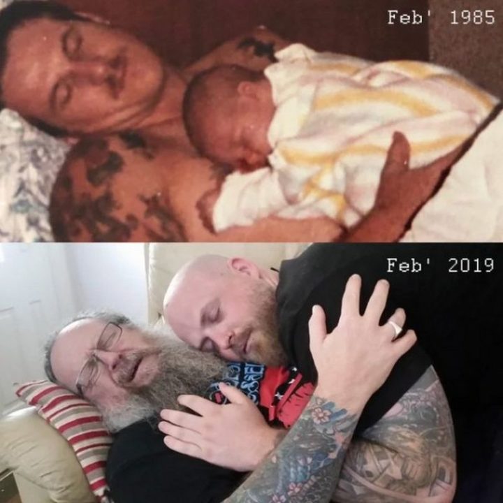 35 Then and now pictures - "Dad and son recreated a tender moment 34 years later."