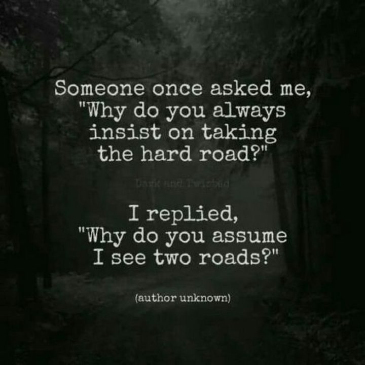 61 Meaningful Quotes - "Someone once asked me, 'Why do you always insist on taking the hard road?' I replied, 'Why do you assume I see two roads?'" - Anonymous