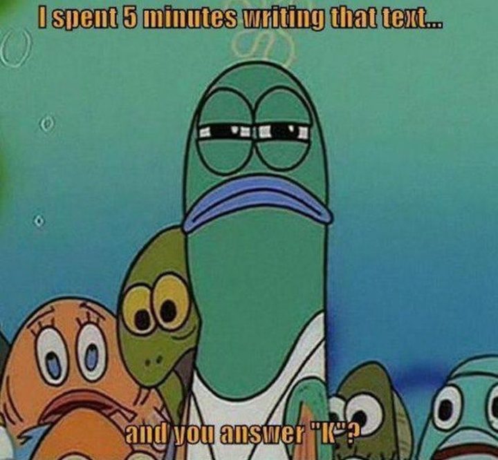 Funny SpongeBob Memes - "I spent 5 minutes writing that text...and you answer 'K'?"