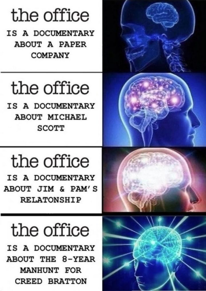 57 Vtipné 'the Office' memy - 'The Office' je dokumentární film o jedné papírenské společnosti. 'The Office' je dokumentární film o Michaelu Scottovi. 'The Office' je dokument o vztahu Jima a Pam. 'The Office' je dokument o osmiletém pátrání po Creedu Brattonovi.