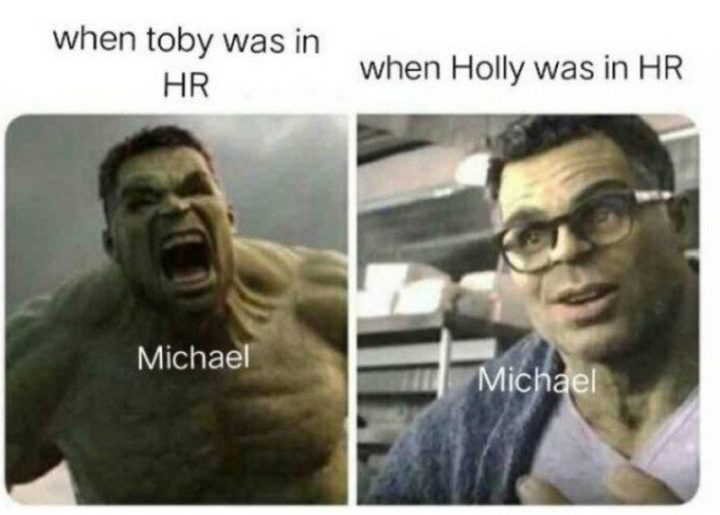 "Michael: When Toby was in HR. vs Michael: When Holly was in HR."