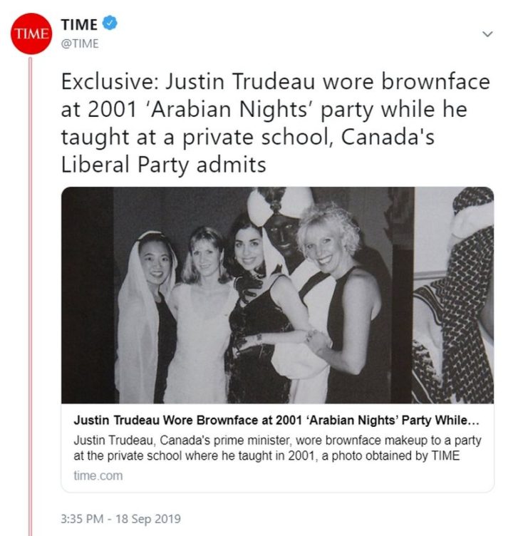 "Exclusive: In a photo obtained by TIME, Justin Trudeau, Canada's prime minister, wore brownface makeup at 2001 'Arabian Nights' party while he taught at a private school, Canada's Liberal Party admits."