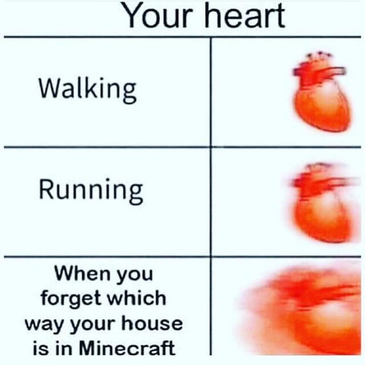 61 Funny Clean Memes - "Your heart: Walking vs Running vs When you forget which way your house is in Minecraft."