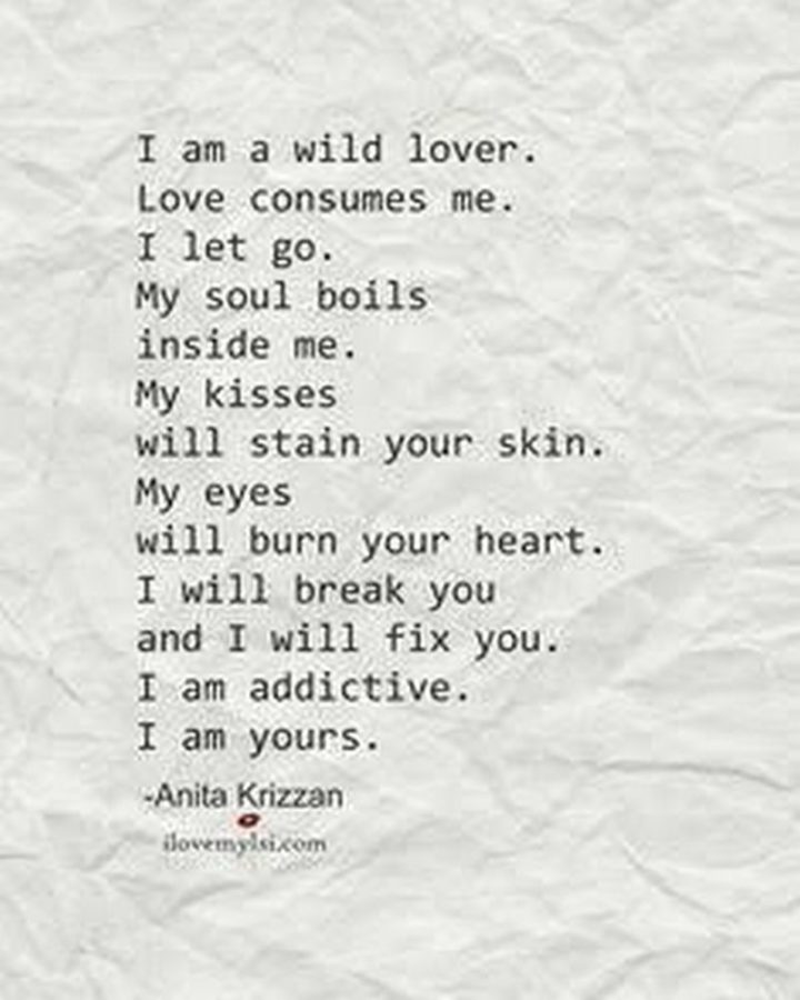 55 Love Memes - "I am a wild lover. Love consumes me. I let go. My soul boils inside me. My kisses will stain your skin. My eyes will burn your heart. I will break you and I will fix you. I am addictive. I am yours." - Anita Krizzan