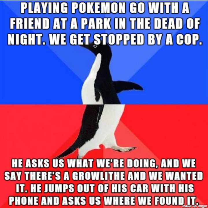 "Playing Pokémon Go with a friend at a park in the dead of night. We get stopped by a cop. He asks us what we're doing, and we say there's a Growlithe and we wanted it. He jumps out of his car with his phone and asks us where we found it."