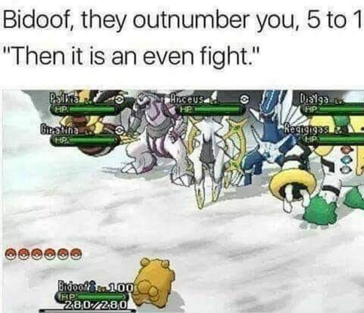 "Bidoof, they outnumber you, 5 to 1, 'Then it is an even fight.'"