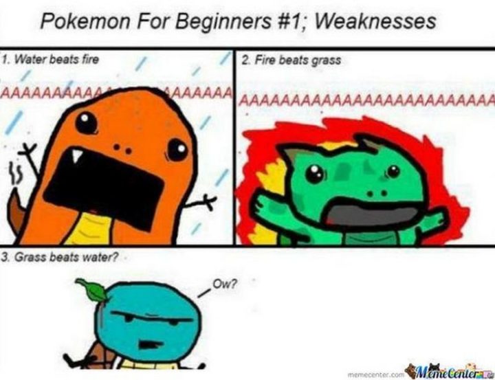 "Pokémon for beginners #1: Weaknesses. 1) Water beats fire. 2) Fire beats grass. 3) Grass beats water."