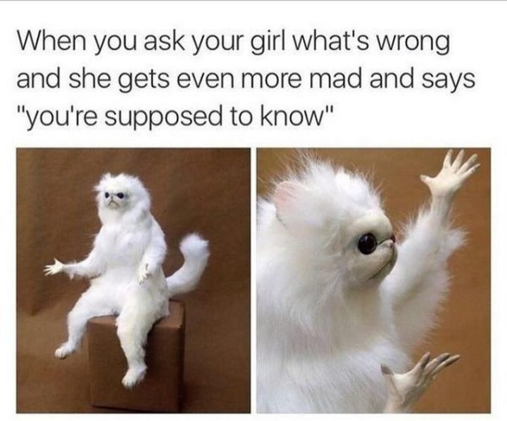 71 Relationship Memes - "When you ask your girl what's wrong and she gets even madder and says 'you're supposed to know.'"