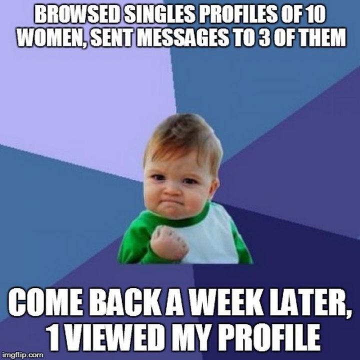 71 Relationship Memes - "Browsed singles profiles of 10 women, sent messages to 3 of them. Come back a week later, 1 viewed my profile."