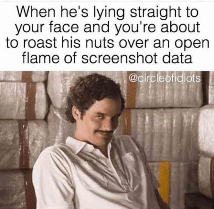 71 Relationship Memes - "When he's lying straight to your face and you're about to roast his nuts over an open flame of screenshot data."