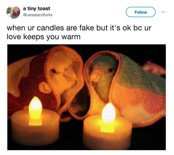 "When ur candles are fake but it's ok bc ur love keeps you warm."