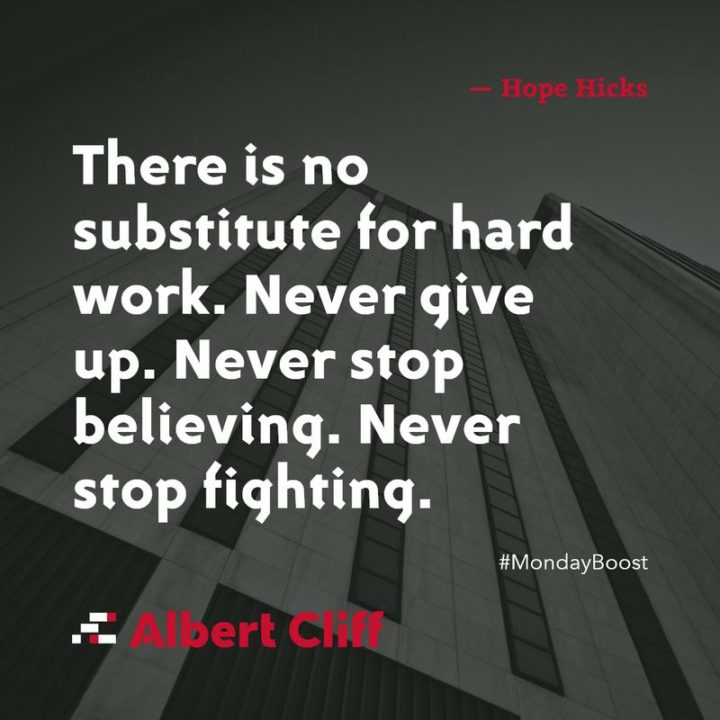 51 Hard Work Quotes - "There is no substitute for hard work. Never give up. Never stop believing. Never stop fighting." - Hope Hicks