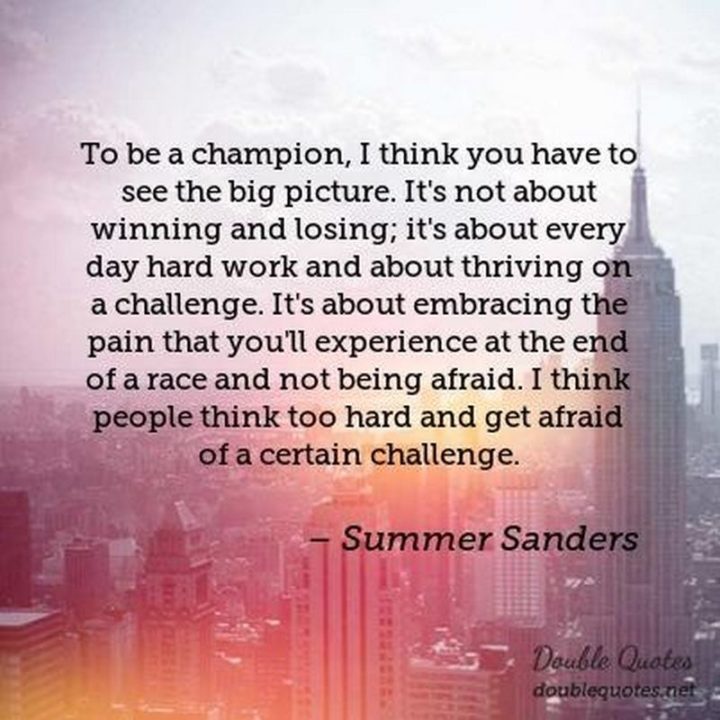 51 Hard Work Quotes - "To be a champion, I think you have to see the big picture. It's not about winning and losing; it's about every day hard work and about thriving on a challenge. It's about embracing the pain that you'll experience at the end of a race and not being afraid. I think people think too hard and get afraid of a certain challenge." - Summer Sanders