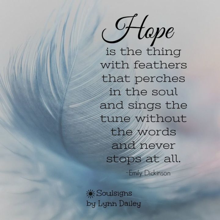 39 Hope Quotes - "Hope is the thing with feathers, That perches in the soul, And sings the tune without the words, And never stops at all." - Emily Dickinson