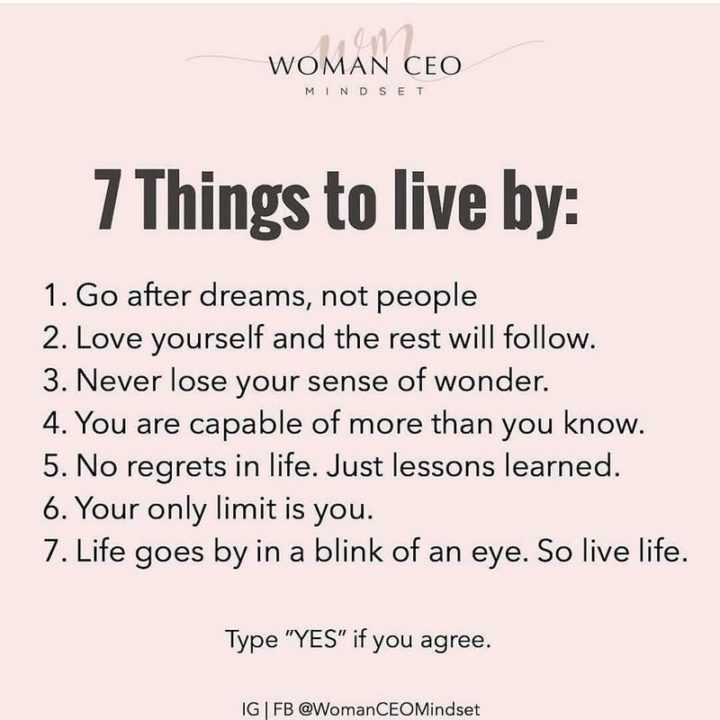 "7 Things to live by 1) Go after dreams, not people. 2) Love yourself and the rest will follow. 3) Never lose your sense of wonder. 4) You are capable of more than you know. 5) No regrets in life. Just lessons learned. 6) Your only limit is you. 7) Life goes by in a blink of an eye. So live life. Type 'YES' if you agree."