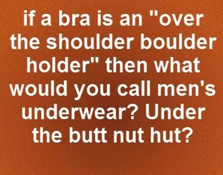 "If a bra is an 'over the shoulder boulder holder' then what would you call men's underwear? Under the butt nut hut?"